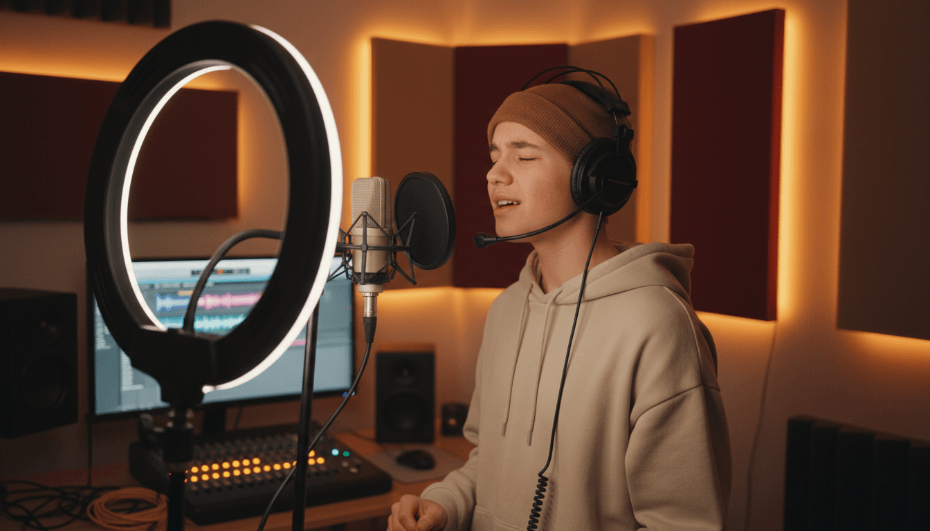Teen recording vocals in a music studio