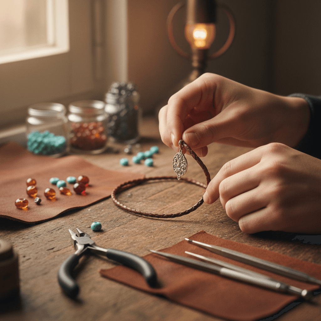 Student hands threading a pendant onto a leather cord