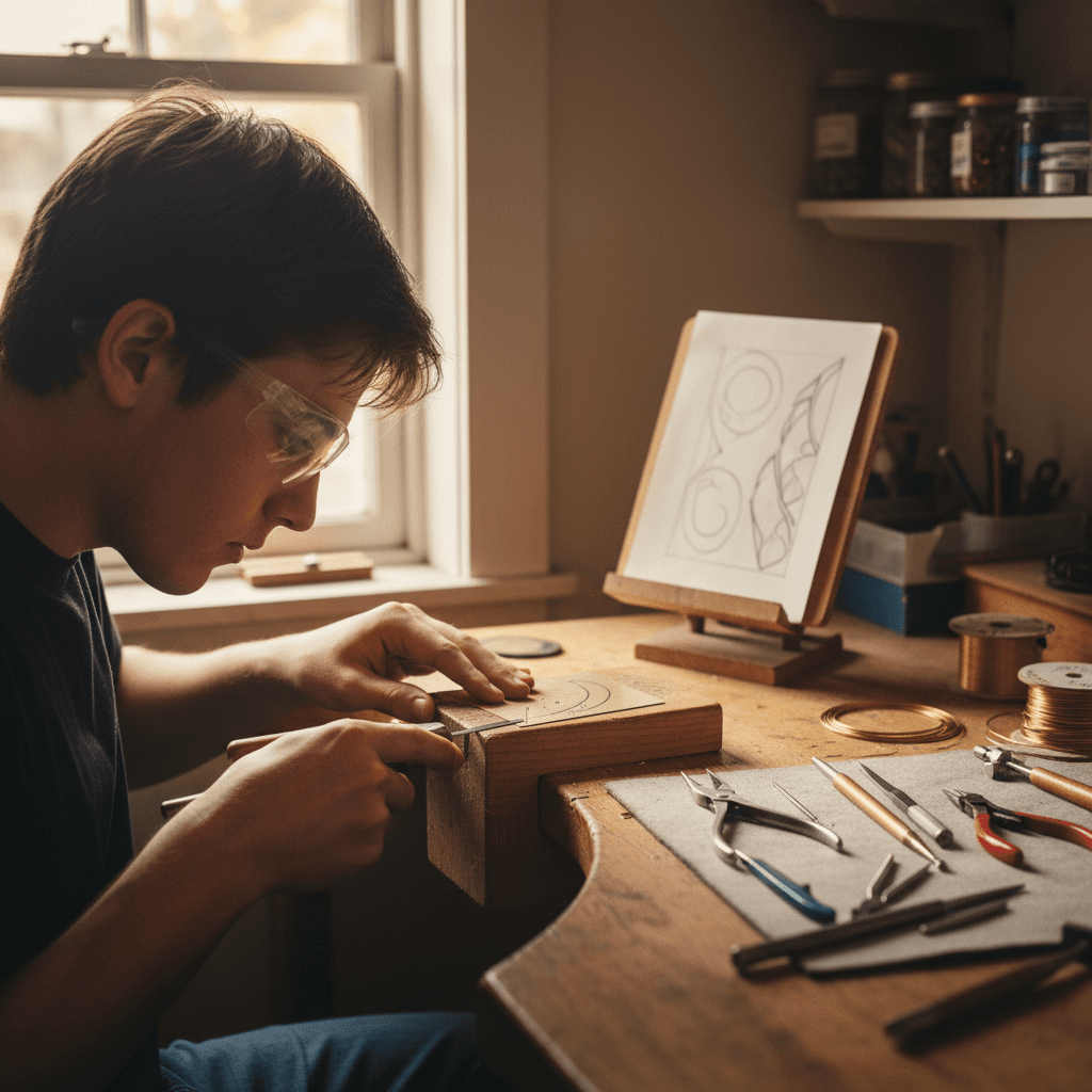 Student using a jeweler's saw to cut metal