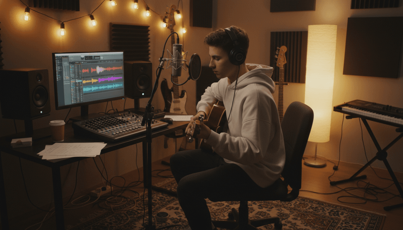 Teenager recording music in a home studio with headphones