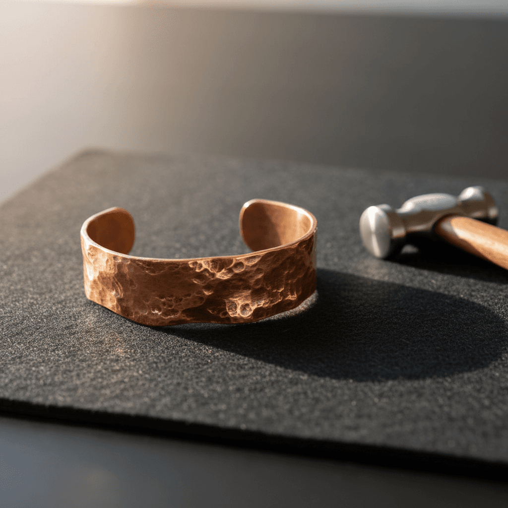 Hammered copper bracelet made by a student