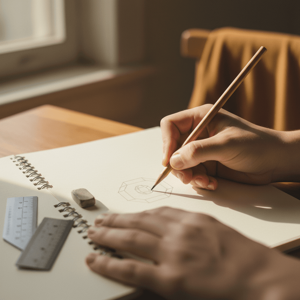 Teenager sketching a jewelry design in a notebook at a worktable