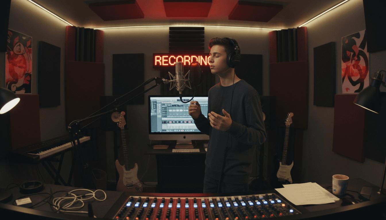 Teenage boy recording vocals at a microphone wearing headphones in a home studio