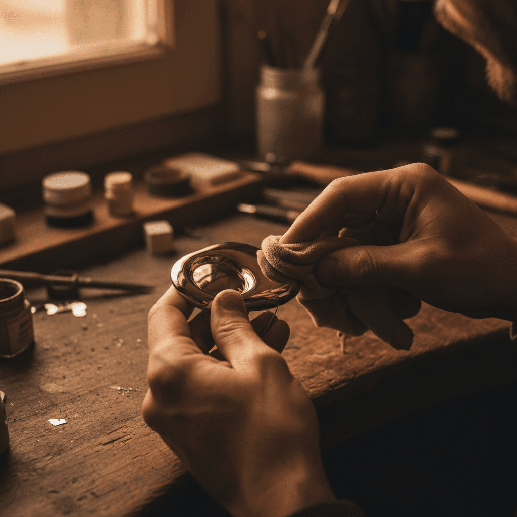 Hands polishing a finished metal pendant with a soft cloth