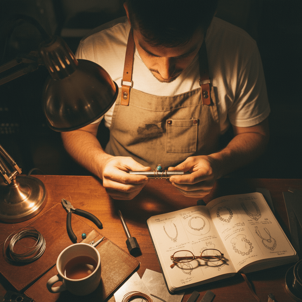 Student inspecting a finished wire-wrapped ring