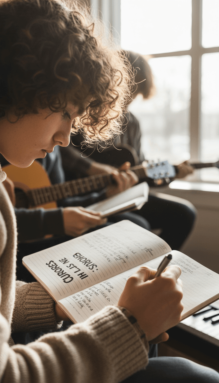 Young person writing lyrics in a notebook
