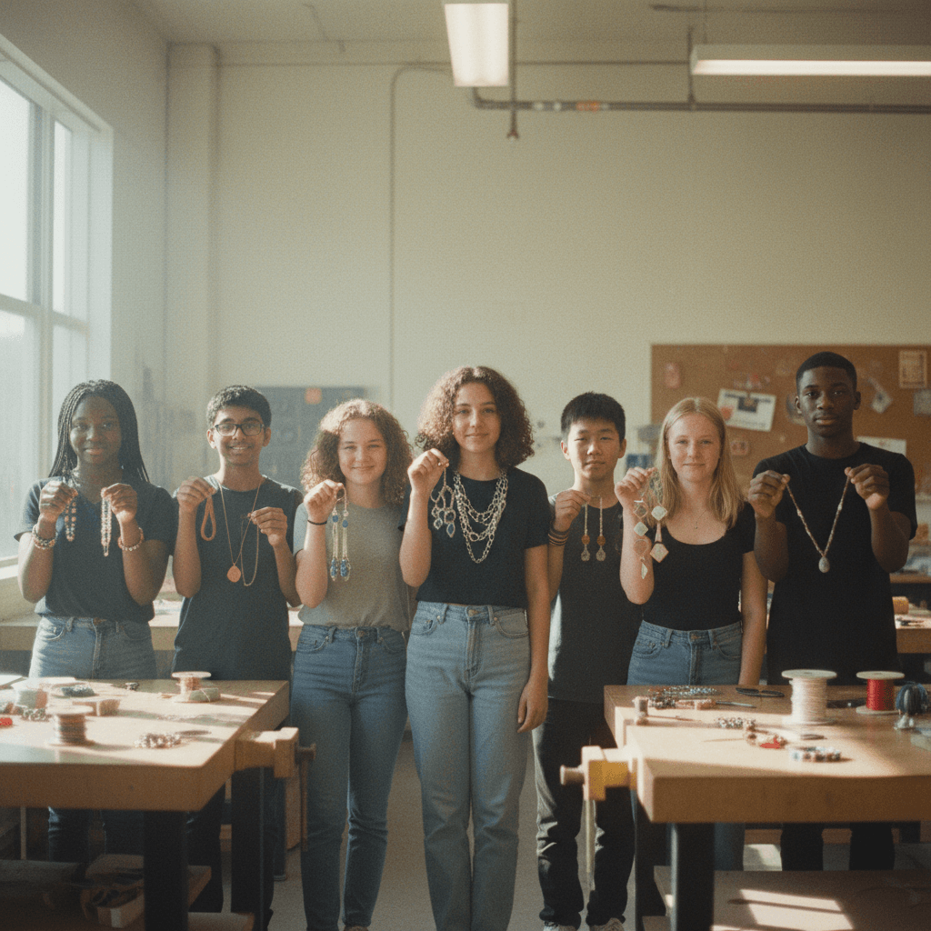 Group of students showing their finished jewelry pieces