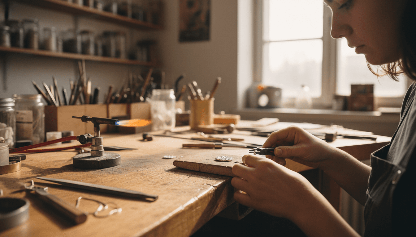 Young hands shaping metal jewelry at a workshop bench with tools nearby