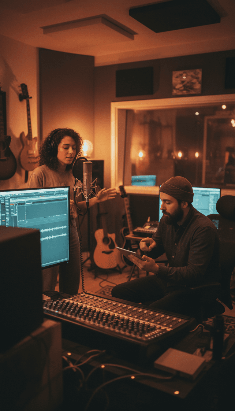 Music producer mentoring a young artist in a studio