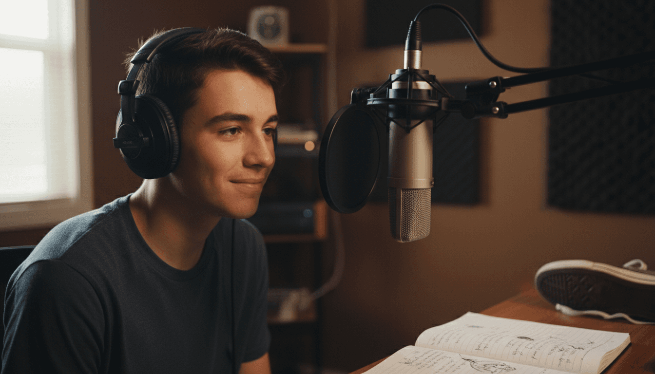 Teenage boy recording vocals into a microphone in a home studio
