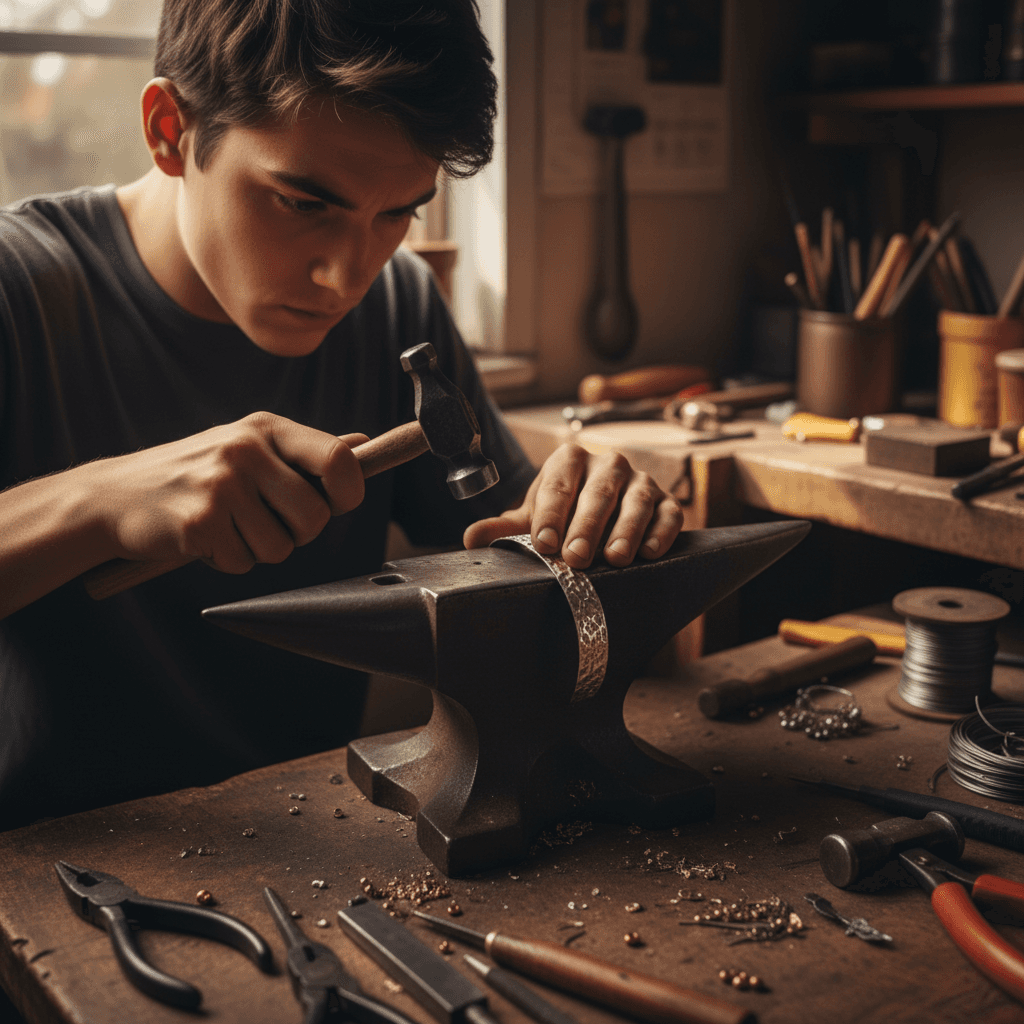 Young person hammering a metal bracelet on a jeweler's anvil