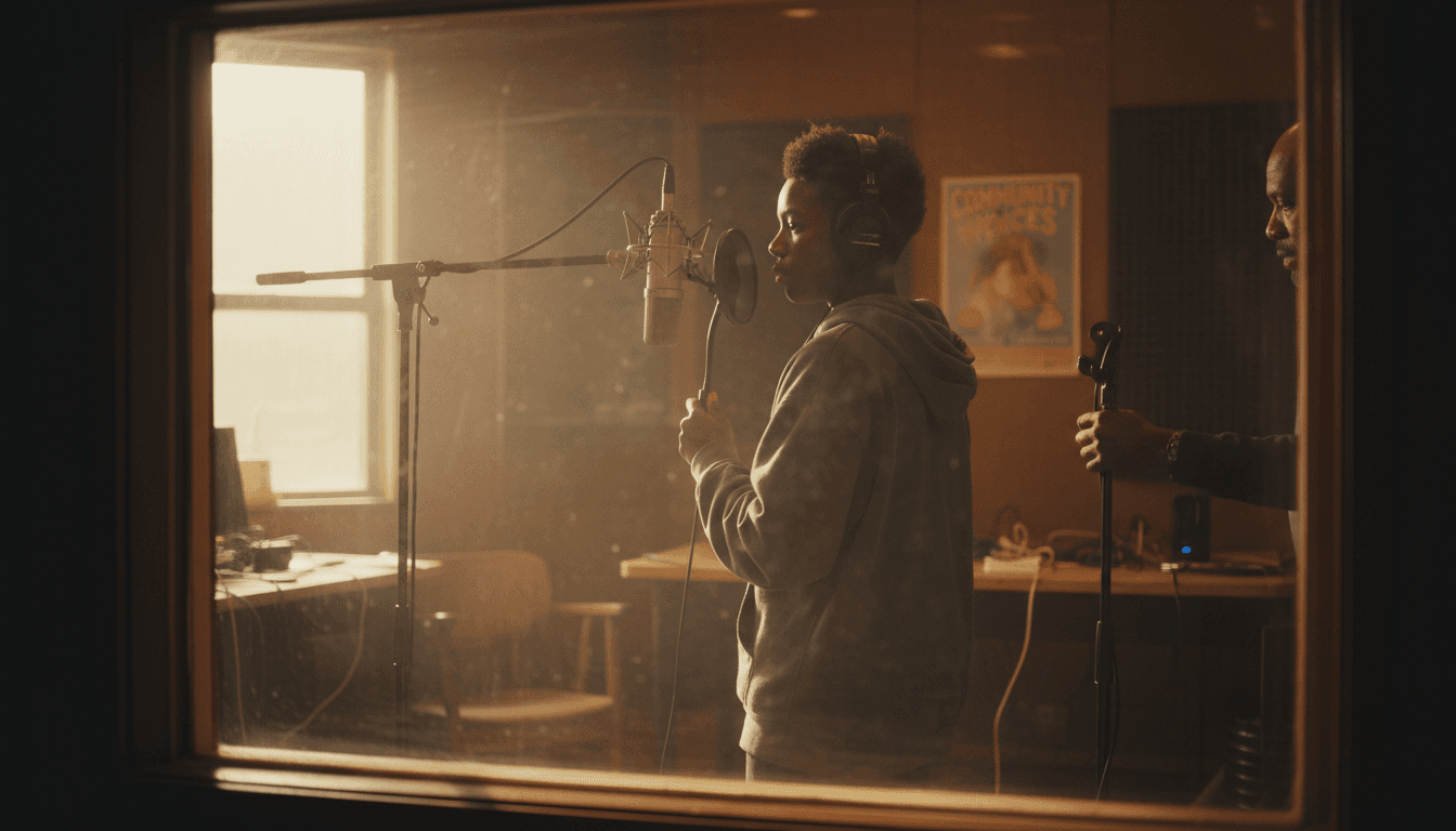 Teenager speaking into a microphone in a community recording studio