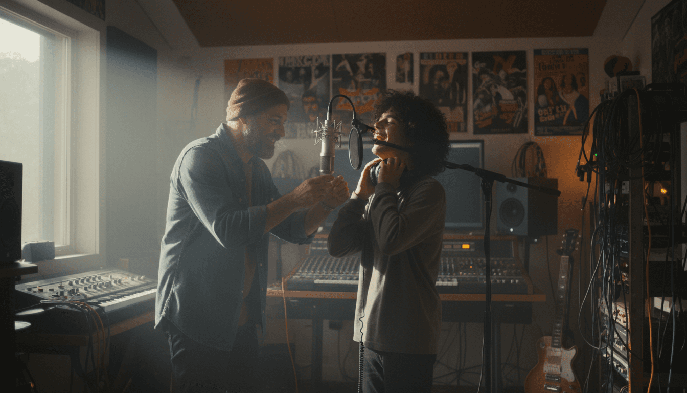Youth mentor and student laughing together at a home recording studio in Garland