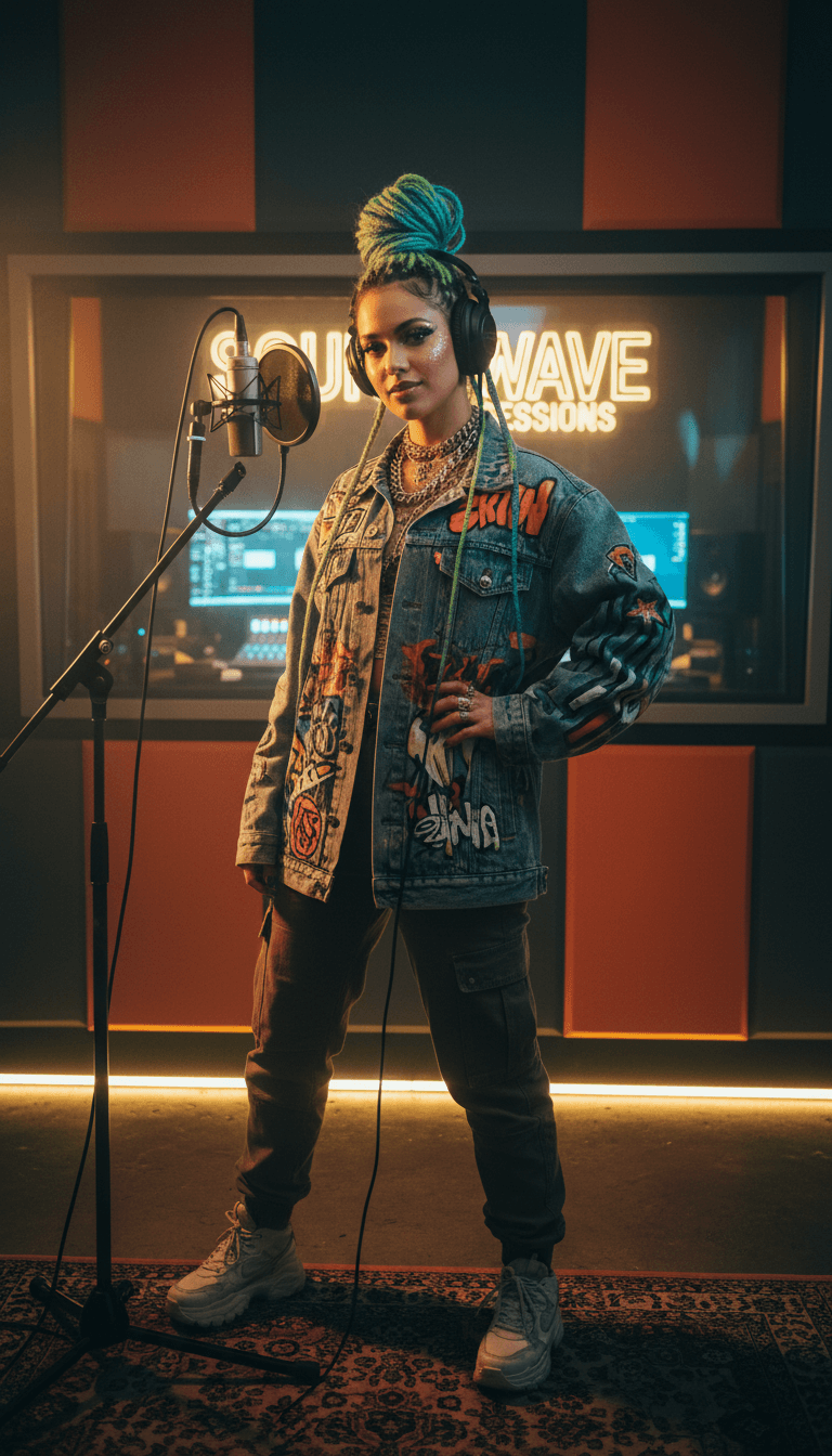 Young person recording vocals in a community hip hop studio with a microphone