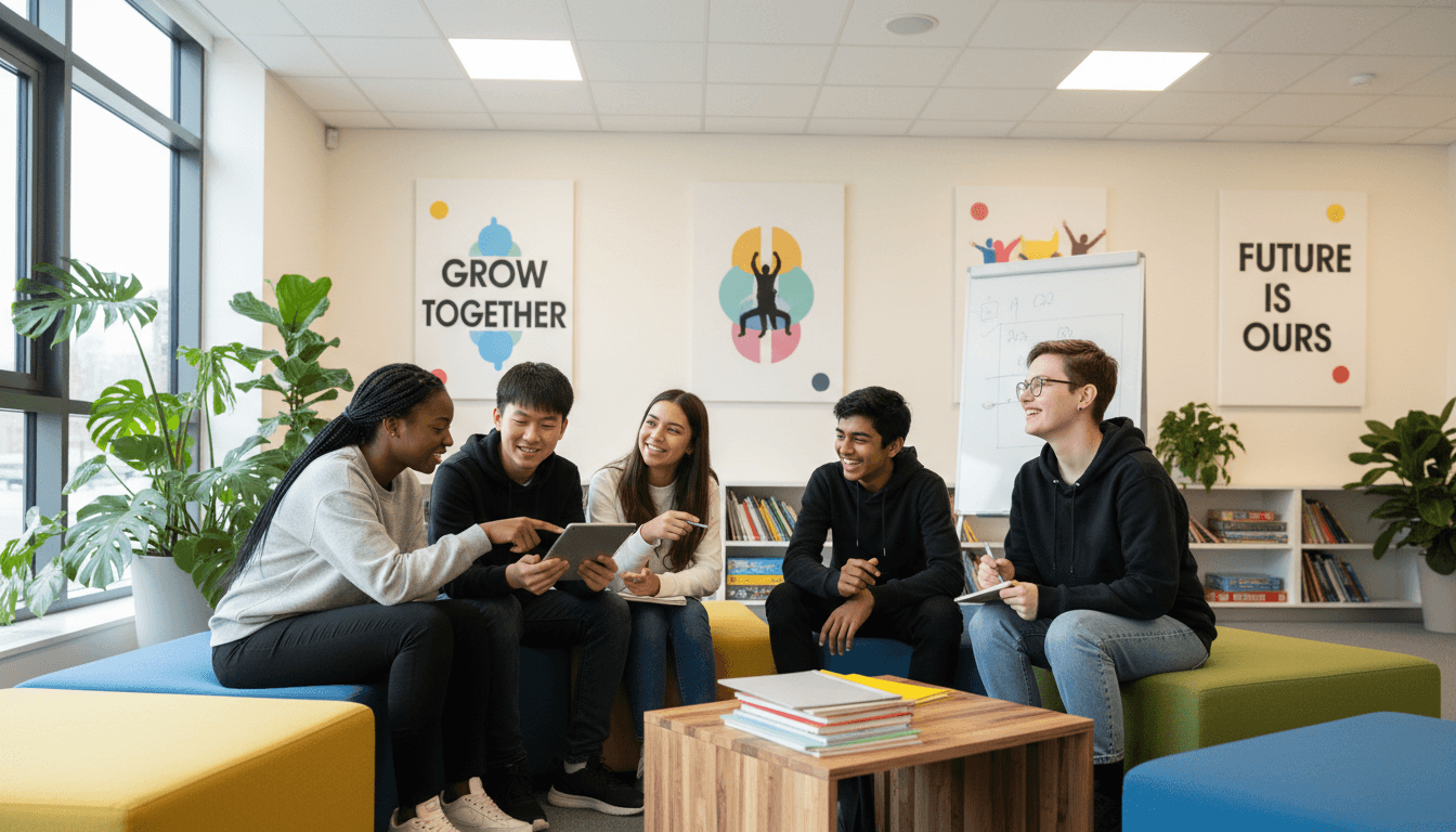 Youth participants in a community space, some with headphones and a microphone, others listening