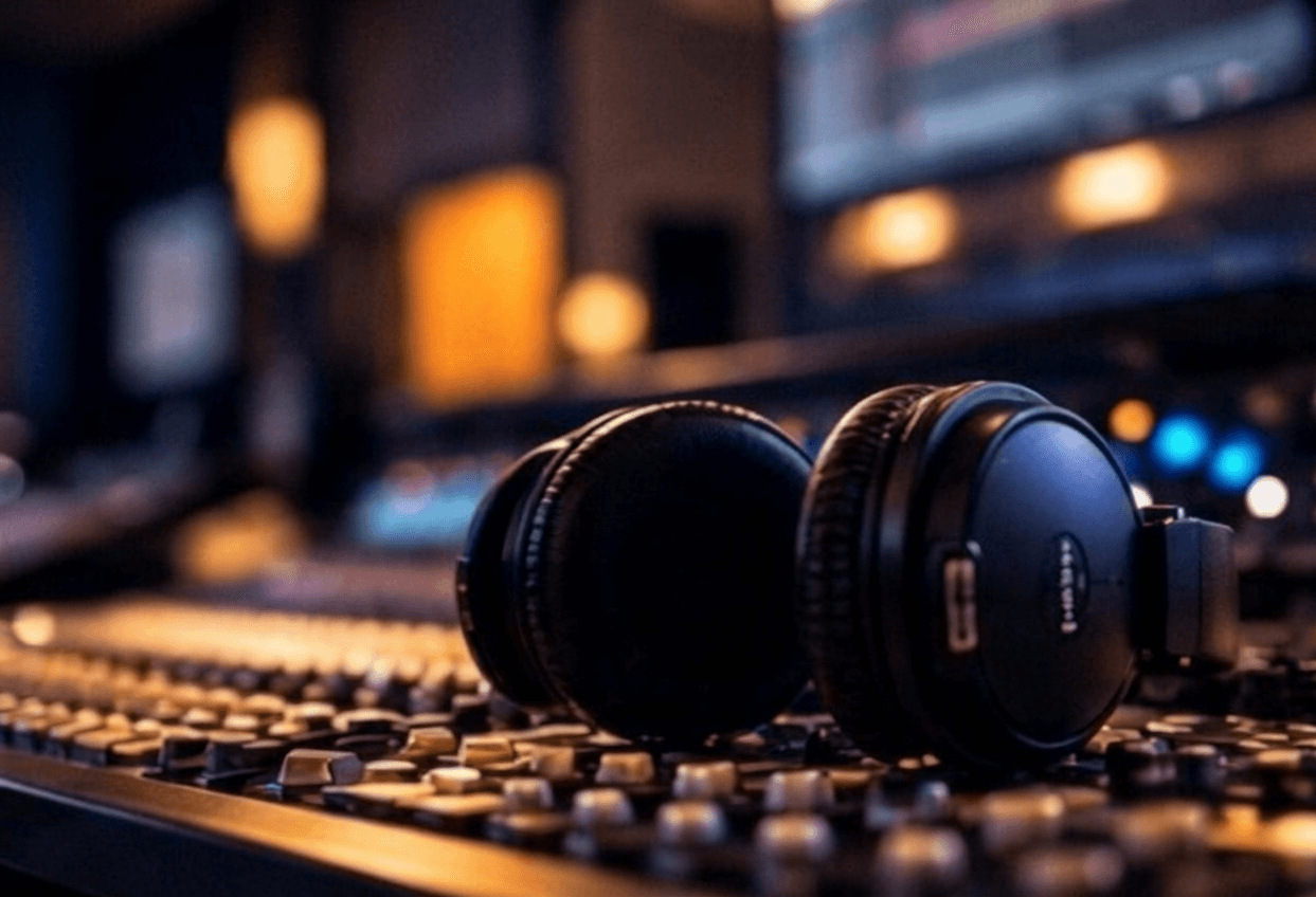Black studio headphones resting on a professional audio mixing console with a blurred background.